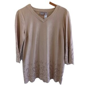 Chicos Beige V Neck 3/4 Sleeve Laser Cut Embellished Top Size 1